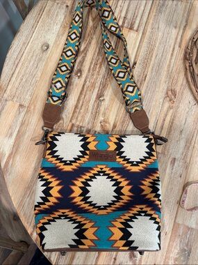 Wrangler Teal Mustard Navy Aztec Pattern Crossbody Bag nwot